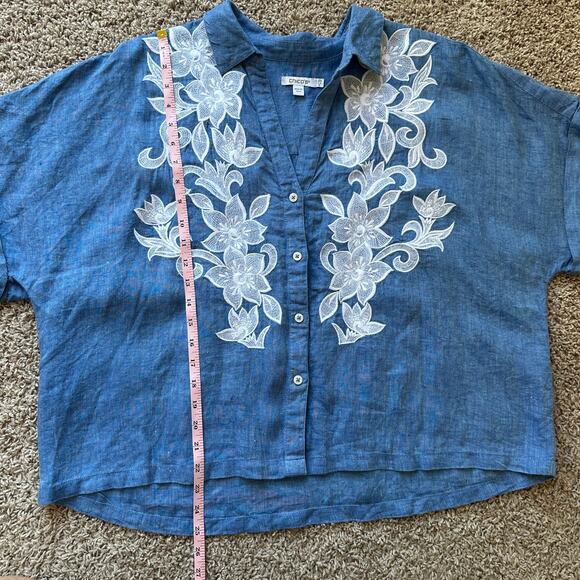 Chico's 100% blue linen emroidered applique lace, dolman sleeves, size 14 - Picture 6 of 7